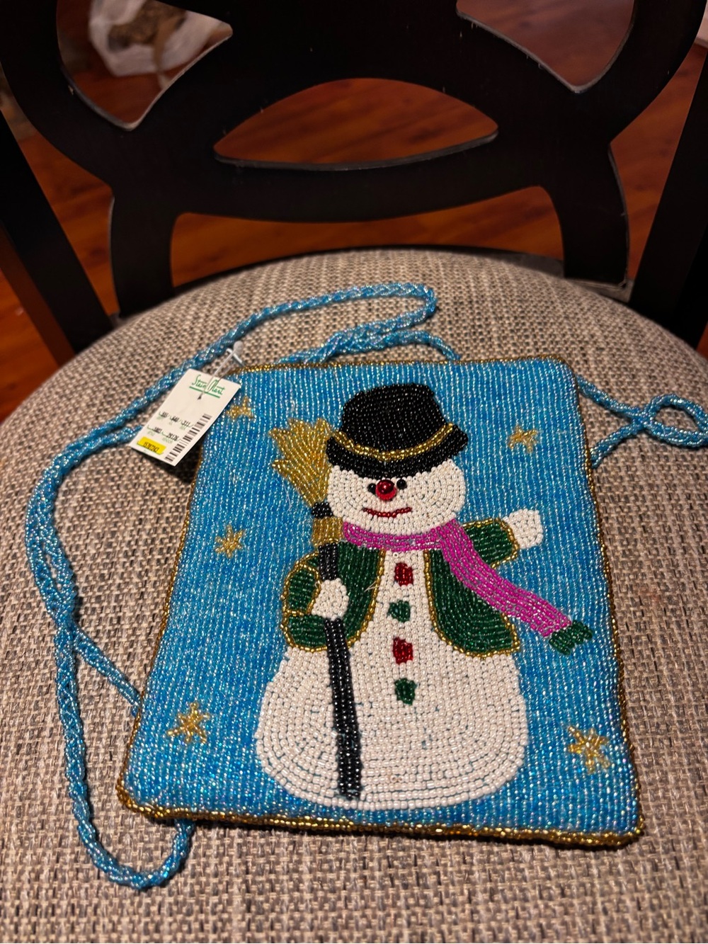 Blue Beaded Snowman Crossbody Bag - Festive Holiday Purse